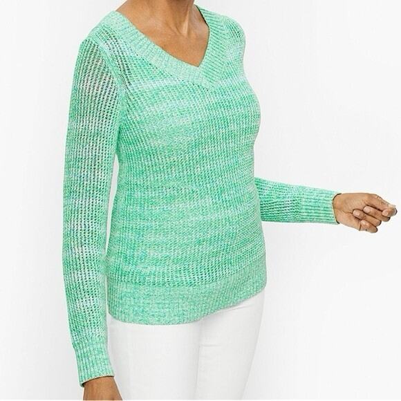 Talbots V-Neck Sweater XL Green Blue Striped Long Sleeve 100% Cotton New - Picture 1 of 10